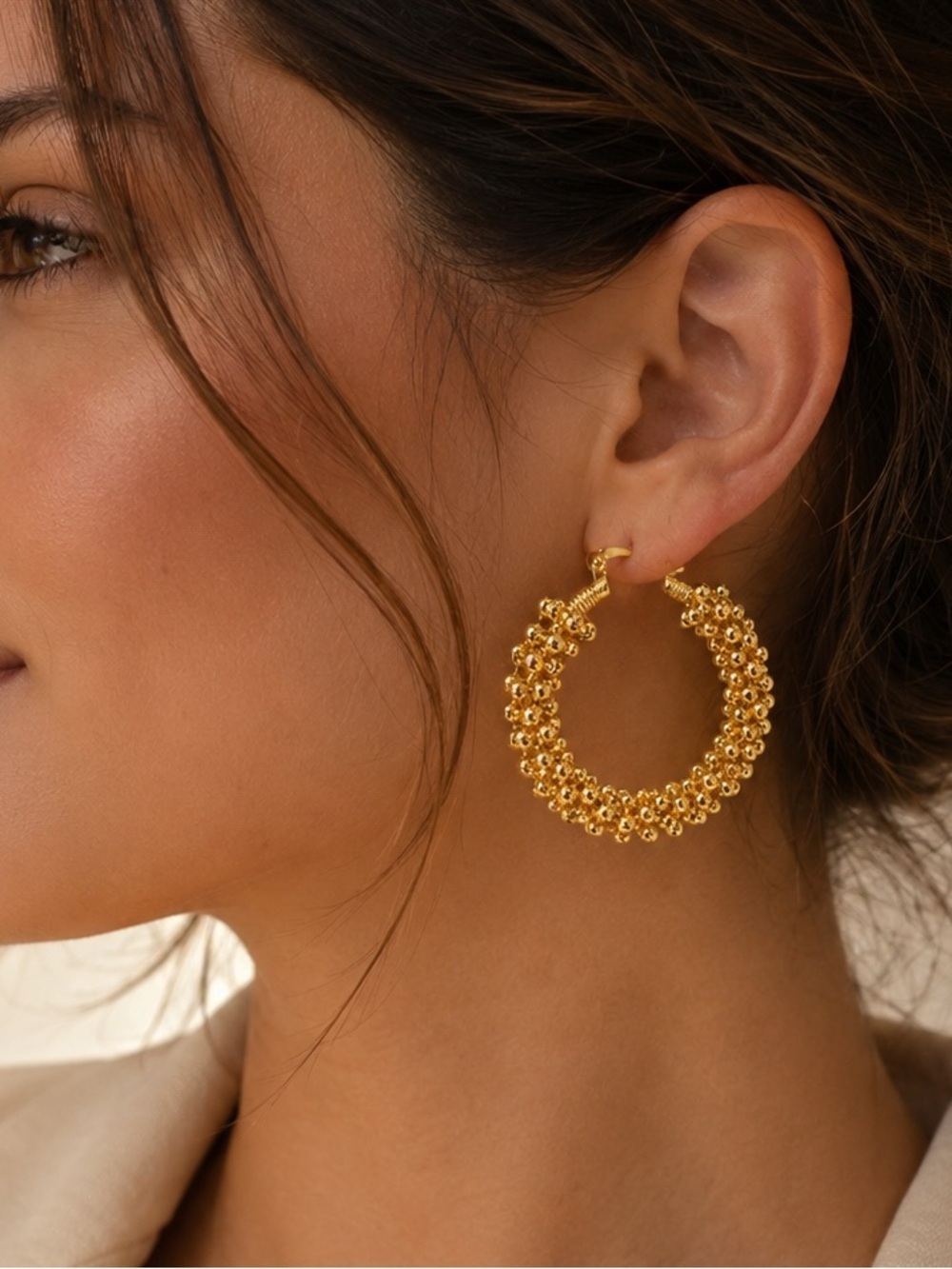 Gold Tone Beaded Statement Hoop Earrings